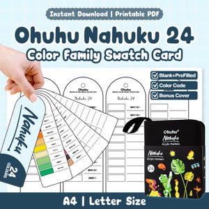 May include: Ohuhu Nahuku 24 Color Family Swatch Card printable PDF. The set includes blank and pre-filled swatch cards with colour codes and a bonus cover. A fan-style swatch card shows various colour blocks. A black carrying case features a frog illustration.