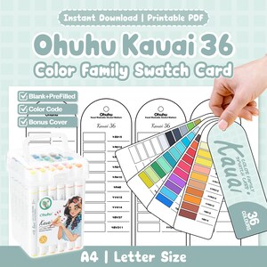 May include: A printable Ohuhu Kauai 36 colour family swatch card set featuring blank and pre-filled templates, colour codes, and a bonus cover. The set includes a clear plastic carrying case containing 36 markers with an illustrated label.