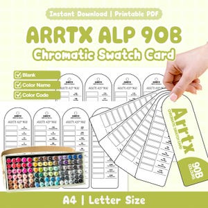 May include: A printable PDF Arrtx ALP 90B chromatic swatch card set featuring blank templates for color names and codes. The design includes multiple arched tags with the Arrtx logo, alongside a box of ninety colorful markers in various hues.