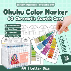 May include: Ohuhu Color Marker 60 Chromatic Swatch Card printable PDF featuring blank and pre-filled templates with colour names and codes. Includes a clear plastic carrying case containing 60 markers and a fan of colour swatch tags in A4 and Letter size.