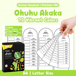 May include: A black box of Ohuhu Akaka acrylic markers with 72 vibrant colours, a colour swatch card, and the text "Instant Download | Printable PDF". The box features a frog illustration and tropical leaves.