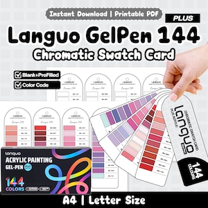 Puede incluir: Una tarjeta de muestras cromáticas en PDF imprimible para bolígrafos acrílicos Languo GelPen 144. El set incluye plantillas en blanco y prellenadas con códigos de color. Un muestrario en abanico muestra tonos rosas, rojos y morados.