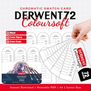 Könnte beinhalten: Eine druckbare chromatische Farbmusterkarte für Derwent 72 Coloursoft Stifte, bestehend aus einer Metalldose mit Löwenillustration, mehreren leeren Farbmusterkarten mit Farbnamen und Codes sowie einer fächerförmigen Anordnung im A4- und Letter-Format.