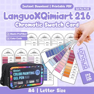 Könnte beinhalten: Ein LanguoXQimiart 216 chromatisches Farbmusterkarten-Set als druckbares PDF mit leeren und ausgefüllten Farbcodes, einer schwarzen Tasche für 216 Gelstifte und einer fächerartigen Farbmusterkarte in A4- und Letter-Formaten.