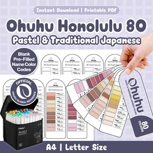 May include: A printable PDF set for Ohuhu Honolulu 80 Pastel & Traditional Japanese markers. Includes blank pre-filled name color code charts and a fan-style color swatch guide. The set features the Ohuhu logo and is formatted for A4 and Letter size paper.