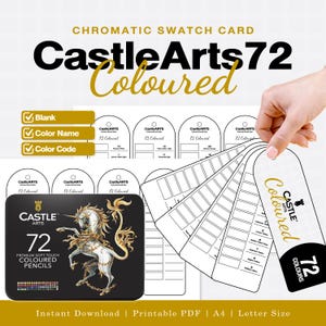 Può includere: Un set di schede campione cromatiche stampabili per matite colorate Castle Arts 72. Il set include modelli in bianco, con nome del colore e codice colore in formato PDF. È visibile una scatola nera con un'illustrazione di un unicorno.