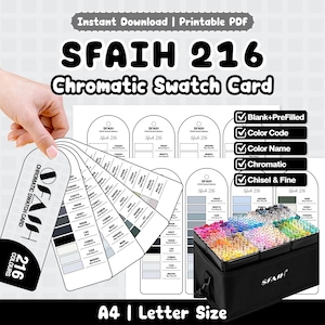May include: A printable SFAIH 216 Chromatic Swatch Card PDF for alcohol markers. The document features arched cards with color codes and names, including blank and pre-filled options. It is designed for A4 and Letter size paper, showcasing a black storage case filled with markers and a fan of swatch cards.