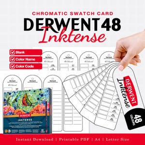 May include: A Derwent 48 Inktense chromatic swatch card set featuring printable PDF templates for color names and codes. The set includes a product box with a butterfly illustration and multiple arched tag-shaped cards for color testing.