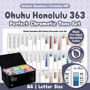 Puede incluir: Una tabla de colores en PDF imprimible para el set Ohuhu Honolulu 363 Perfect Chromatic Tone, que presenta una lista completa de códigos de marcadores organizados por familia de colores, junto a un estuche negro lleno de marcadores de alcohol.