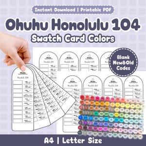 May include: A printable PDF showing Ohuhu Honolulu 104 swatch card colours. The image displays colour swatches, blank cards, and a collection of markers. Text includes "Instant Download," "Printable PDF," "Ohuhu Honolulu 104," and "A4 | Letter Size."