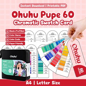Può includere: Set di schede colore Ohuhu Pupe 60 in PDF stampabile con modelli vuoti e precompilati con nomi e codici colore. Include una custodia nera per 60 pennarelli e una cartella colori a ventaglio che mostra varie sfumature di colore.