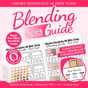 Puede incluir: Guía de mezcla de tonos de piel Ohuhu Honolulu 36 para temas Fair Cool. Este PDF imprimible incluye códigos nuevos y antiguos prellenados, referencias oficiales, 3 combinaciones de colores y 9 guías de mezcla. Incluye ejemplo Rose Quartz.