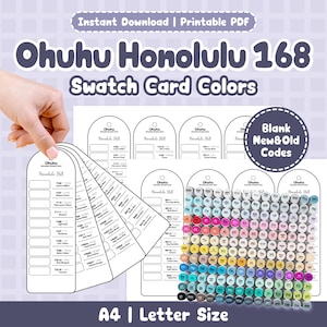 Könnte beinhalten: Druckbares PDF-Farbfeldkartenset für Ohuhu Honolulu 168 Marker. Das Design umfasst Farbfelder und den Text "Ohuhu Honolulu 168 Swatch Card Colors". Das Set ist im A4- und Letter-Format. Enthält leere neue und alte Codes.
