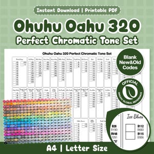 May include: A printable PDF colour chart for the Ohuhu Oahu 320 Perfect Chromatic Tone Set, featuring a grid of marker caps in various colours, organised by category with specific colour codes, and labelled A4 and Letter size for reference.