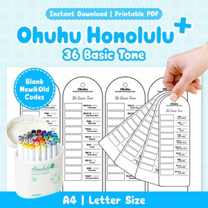 Ohuhu Honolulu Plus 36 Scheda campioni di tonalità di base, codici nuovi e vecchi vuoti / Riferimento colori con pennarello alcolico / PDF stampabile