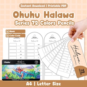 May include: A printable PDF swatch card set for Ohuhu Halawa Series 72 coloured pencils. The document features blank and colour-coded templates with arched tops, numbered boxes, and the Ohuhu logo. Includes a black box with a dragonfly illustration.