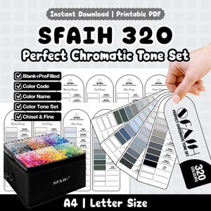 May include: A digital product set featuring the SFAIH 320 Perfect Chromatic Tone Set, including printable PDF color charts with blank and pre-filled options, color codes, names, and tone sets. A black storage case filled with 320 markers is shown.