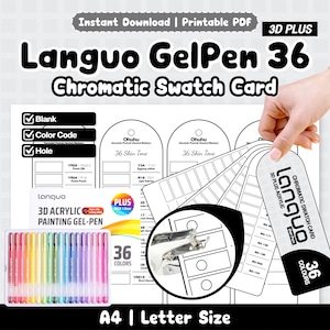 May include: A printable Languo GelPen 36 Chromatic Swatch Card set featuring a 36-color gel pen pack, a hole punch tool, and swatch templates. The text reads Instant Download, Printable PDF, 3D PLUS, Languo GelPen 36, and A4 Letter Size.