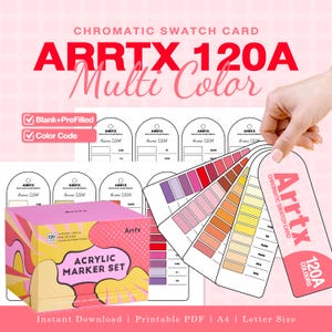 May include: A digital product set featuring a pink box for an Arrtx 120A acrylic marker set and printable chromatic swatch cards. The cards display color codes and blank spaces for testing colors. Text includes Arrtx 120A, Multi Color, and Chromatic Swatch Card.