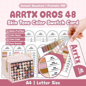Op de afbeelding: Een printbare Arrtx Oros 48 huidtint kleurenstaalkaartset in A4- en letterformaat. De set bevat lege en vooraf ingevulde sjablonen met kleurnamen en codes. Een doos met 48 markers wordt getoond naast een waaier van staalkaartjes.
