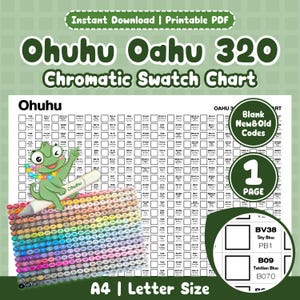 May include: A printable PDF Ohuhu Oahu 320 chromatic swatch chart. The chart includes a color palette with a variety of hues and shades. The chart is A4 and Letter size. The image also includes the text "Instant Download | Printable PDF".