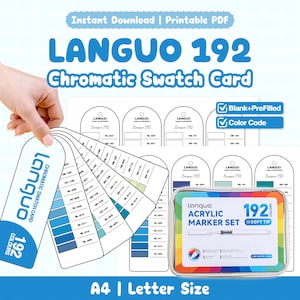 Pode incluir: Um conjunto de cartões de amostra cromática Languo 192 em PDF imprimível com modelos em branco e pré-preenchidos com códigos de cor. O conjunto inclui um cartão de amostra em leque e um estojo retangular para marcadores acrílicos.
