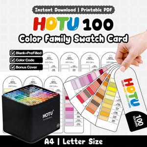 May include: A printable HOTU 100 Colour Family Swatch Card set featuring blank and pre-filled templates, colour codes, and a bonus cover. The set includes a black storage case for 100 markers and fan-style swatch cards displaying various colour gradients in A4 and Letter sizes.