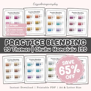 May include: A digital practice blending guide for Ohuhu Honolulu 320 markers featuring 20 themes, 40 pages, and 3 colour combinations per sheet. The printable PDF includes reference guides for various colour palettes, available in A4 and Letter sizes.