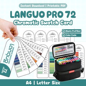 May include: A Languo Pro 72 chromatic swatch card set featuring printable PDF pages, blank and pre-filled templates, and color codes. The set includes a fan-style swatch card and a black carrying case filled with 72 colored acrylic markers.