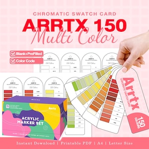 Könnte beinhalten: Ein digitales Produkt mit einem Arrtx 150 Multi Color Farbmusterkarten-Set. Enthält eine rechteckige Schachtel mit der Aufschrift Acrylic Marker Set, mehrere gewölbte Farbkarten mit Farbcodes und den Text Blank+PreFilled.