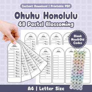 Può includere: PDF stampabile con campioni di colore Ohuhu Honolulu 48 Pastel Blossoming. L'immagine mostra una mano che tiene un ventaglio di campioni di colore, con una selezione di pennarelli sullo sfondo. Il testo include "Download istantaneo" e "A4 | Formato Lettera."