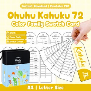 Può includere: Scheda colori Ohuhu Kahuku 72 Color Family in PDF stampabile con modelli vuoti, sezioni per codici colore e copertine bonus. Include una custodia nera e azzurra con grafica di una rana e 72 etichette colore. Formato A4 e Letter.