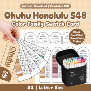 May include: Ohuhu Honolulu S48 Color Family Swatch Card printable PDF. Includes a set of blank pre-filled name color code cards and a black carrying case filled with 48 alcohol markers. The design features a tan color palette and A4 letter size.