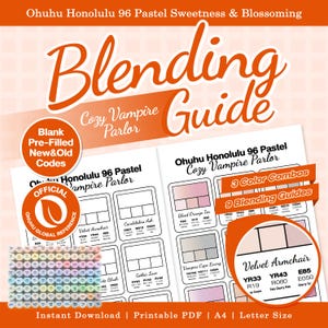 May include: An Ohuhu Honolulu 96 Pastel Sweetness & Blossoming Blending Guide for Cozy Vampire Parlor. This printable PDF features blank pre-filled new and old color codes, official reference circles, and 3 color combos with 9 blending guides.