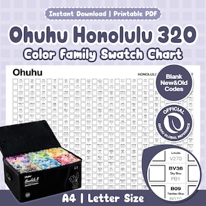 Op de afbeelding: Een printbare Ohuhu Honolulu 320 Color Family Swatch Chart in A4- en Letter-formaat. De kaart bevat een raster van lege vakjes met bijbehorende kleurcodes en namen, naast een zwarte opbergtas gevuld met talrijke alcoholmarkers.
