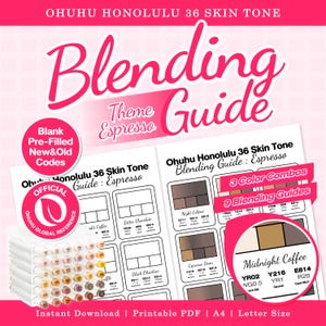 May include: Ohuhu Honolulu 36 Skin Tone Blending Guide Espresso theme printable PDF. Features blank pre-filled new and old codes, 3 color combos, and 9 blending guides. Includes official Ohuhu global reference logo and marker set visual.