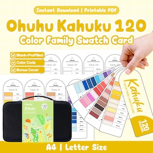 Ohuhu Kahuku - Scheda campioni di 120 colori / PDF stampabile / Vuoto + Precompilato / Codice colore / Copertina bonus / Pennarello acrilico / Formato A4