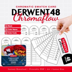 May include: A Derwent Chromaflow 48 colored pencil swatch card set featuring a printable PDF design. The set includes blank templates for color names and codes, a metal pencil tin with a parrot graphic, and a fan of swatch tags.