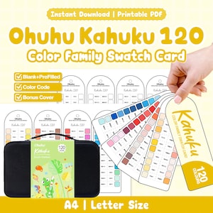 May include: A printable Ohuhu Kahuku 120 colour family swatch card set featuring blank and pre-filled templates, colour codes, and a bonus cover. The set includes a black carrying case with a green label and a fan of swatch cards in A4 and Letter size.