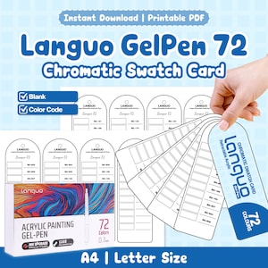 以下が含まれることがあります： 印刷可能なPDF形式のLanguo GelPen 72色見本カードセット。空白およびカラーコード用のテンプレートが含まれています。デザインには、72色・0.7mmペン先と記載されたAcrylic Painting Gel-Penの箱と、扇状の色見本タグが描かれています。