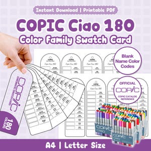 Può includere: Una scheda di campioni colore Copic Ciao 180 in PDF stampabile che mostra un ventaglio di etichette in carta bianca con nomi e codici colore stampati. Il design include il testo Copic Ciao 180 Color Family Swatch Card e A4 Letter Size.
