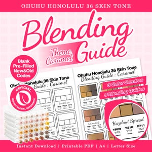 Puede incluir: Una guía de mezcla Ohuhu Honolulu 36 Skin Tone para temas de caramelo, imprimible. El documento presenta códigos nuevos y antiguos prellenados, 3 combinaciones de colores y 9 guías de mezcla. Incluye el logo oficial de Ohuhu y texto.