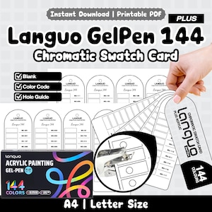 May include: A printable Languo GelPen 144 Chromatic Swatch Card set featuring blank templates, color code boxes, and hole guides. The design includes a black box with colorful abstract lines and text, plus a magnifying circle showing a hole puncher.