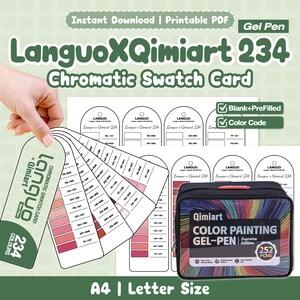 May include: A LanguoXQimiart 234 chromatic swatch card set for gel pens, featuring printable PDF templates with blank and pre-filled color code options. Includes a black storage case labeled Qimiart Color Painting Gel-Pen Supreme Edition 252 PCS.