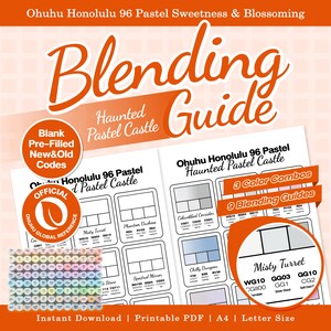 Puede incluir: Una guía de mezcla imprimible para marcadores Ohuhu Honolulu 96 Pastel titulada Haunted Pastel Castle. El documento presenta tablas de combinación de colores, códigos de marcadores y una sección de referencia. Incluye un sello de referencia global oficial de Ohuhu y una visualización del conjunto de marcadores. El texto incluye Blending Guide, 3 Color Combos, 9 Blending Guides y Blank Pre-Filled New&Old Codes.