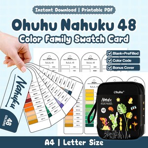 May include: A printable PDF color family swatch card for Ohuhu Nahuku 48 markers. The set includes blank and pre-filled templates, color codes, and a bonus cover. The design features a black carrying case with a frog illustration and marker labels.