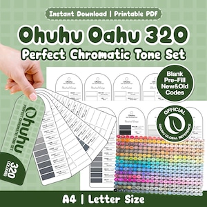 Könnte beinhalten: Ein Ohuhu Oahu 320 Perfect Chromatic Tone Set als druckbares PDF mit einem Fächer aus Farbmusterkarten, einem Raster mit 320 Farbfeldern und Texten wie Instant Download, Blank Pre-Fill New&Old Codes und Official Ohuhu Global Reference.