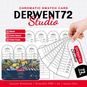 May include: A printable chromatic swatch card set for Derwent 72 Studio colored pencils. The set includes blank, color name, and color code templates on white paper, alongside a metal pencil tin featuring a rock illustration and the Derwent logo.