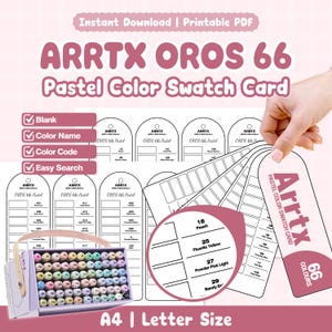 May include: A printable PDF Arrtx Oros 66 pastel color swatch card set featuring blank templates with spaces for color names and codes. The design includes arched labels, a list of 66 colors, and a box of markers. Text includes Arrtx Oros 66 Pastel Color Swatch Card, A4 | Letter Size, and color names like Peach, Fluorite Yellow, Powder Pink Light, and Barely Beige.