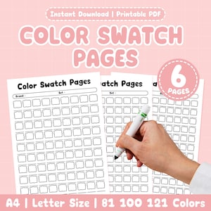 Puede incluir: Páginas de muestras de color PDF imprimibles con el texto "COLOR SWATCH PAGES". Las páginas tienen múltiples casillas para muestras de color. La imagen también incluye el texto "Instant Download | Printable PDF", "6 PAGES" y "A4 | Letter Size | 81 100 121 Colors".